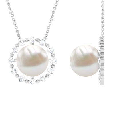 Freshwater Pearl Solitaire Necklace with Diamond Halo