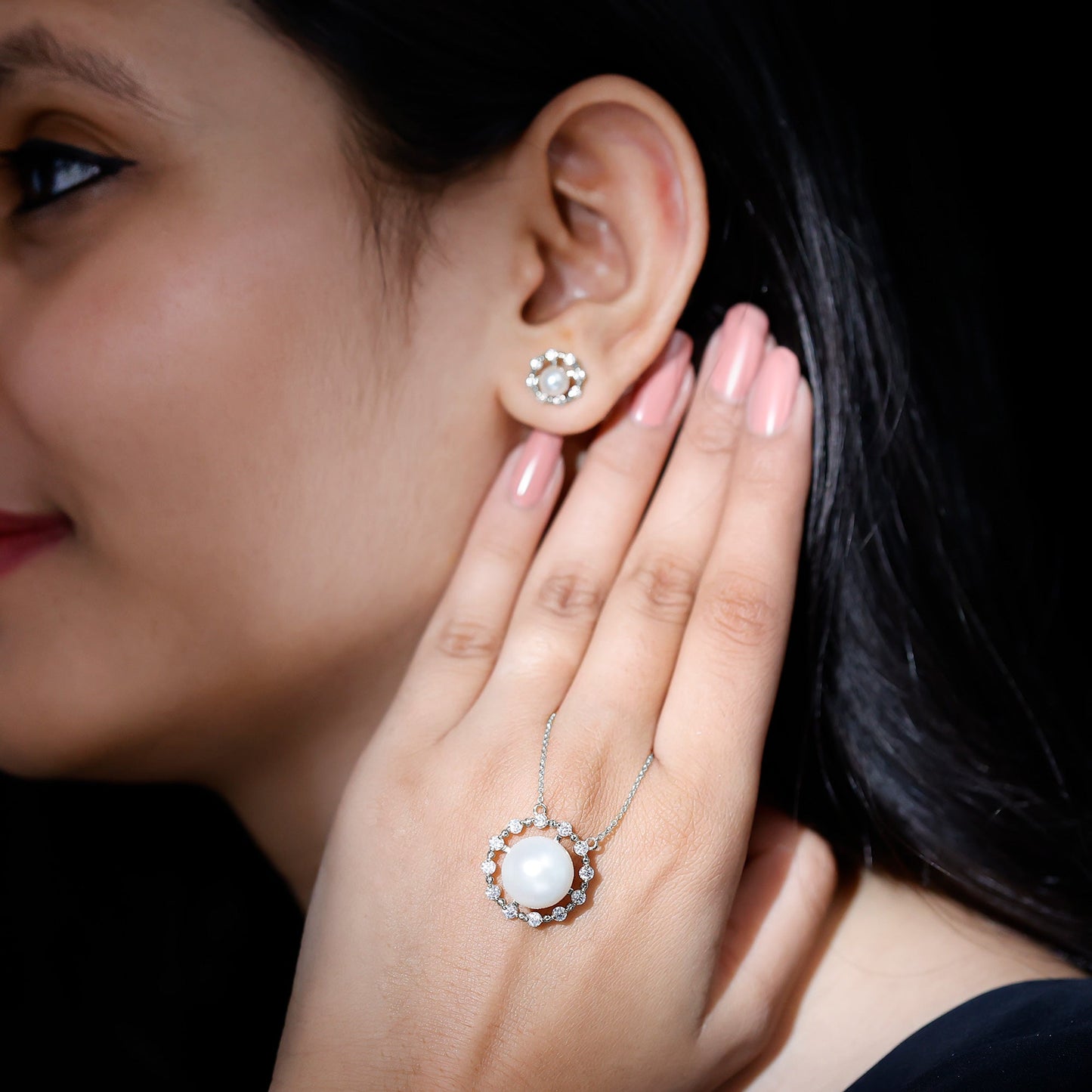 Genuine Freshwater Pearl Halo Necklace and Earrings Set with Certificate