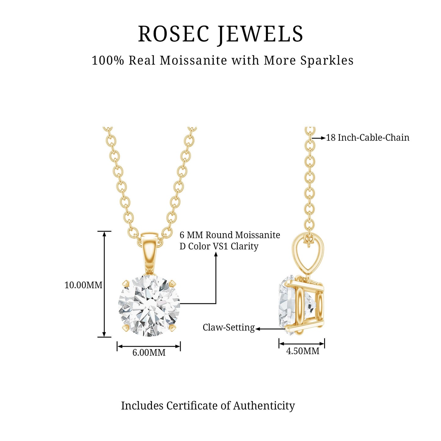 0.9 Carat Certified Moissanite Solitaire Pendant in Claw Set