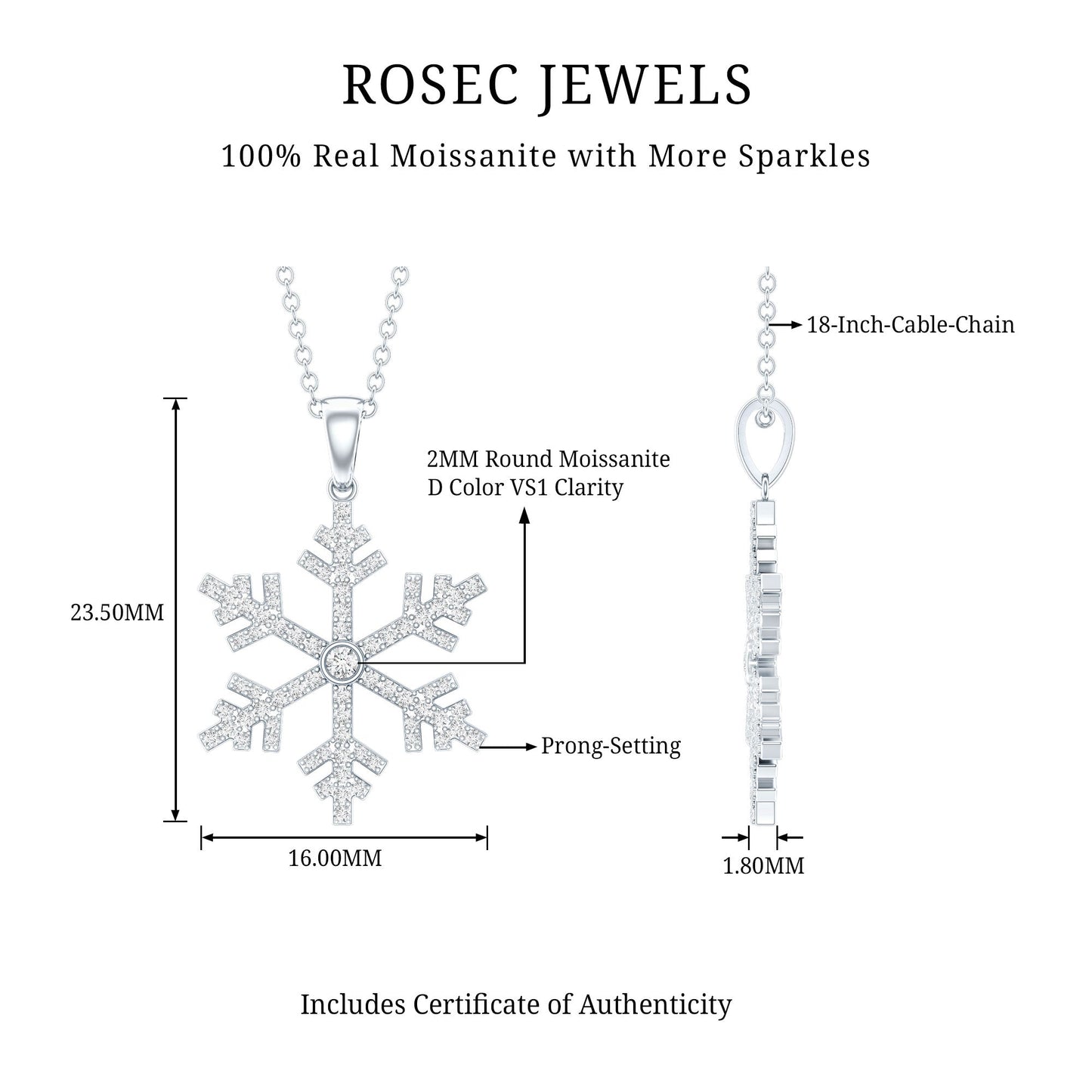 Certified Moissanite Frozen Snowflake Pendant Necklace