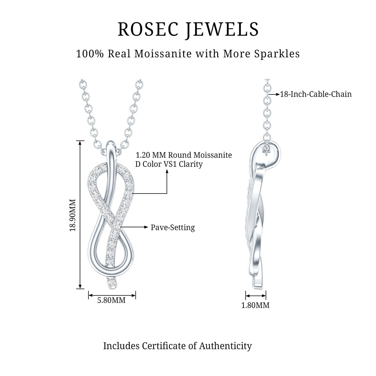 Minimal Moissanite Infinity Knot Pendant Necklace