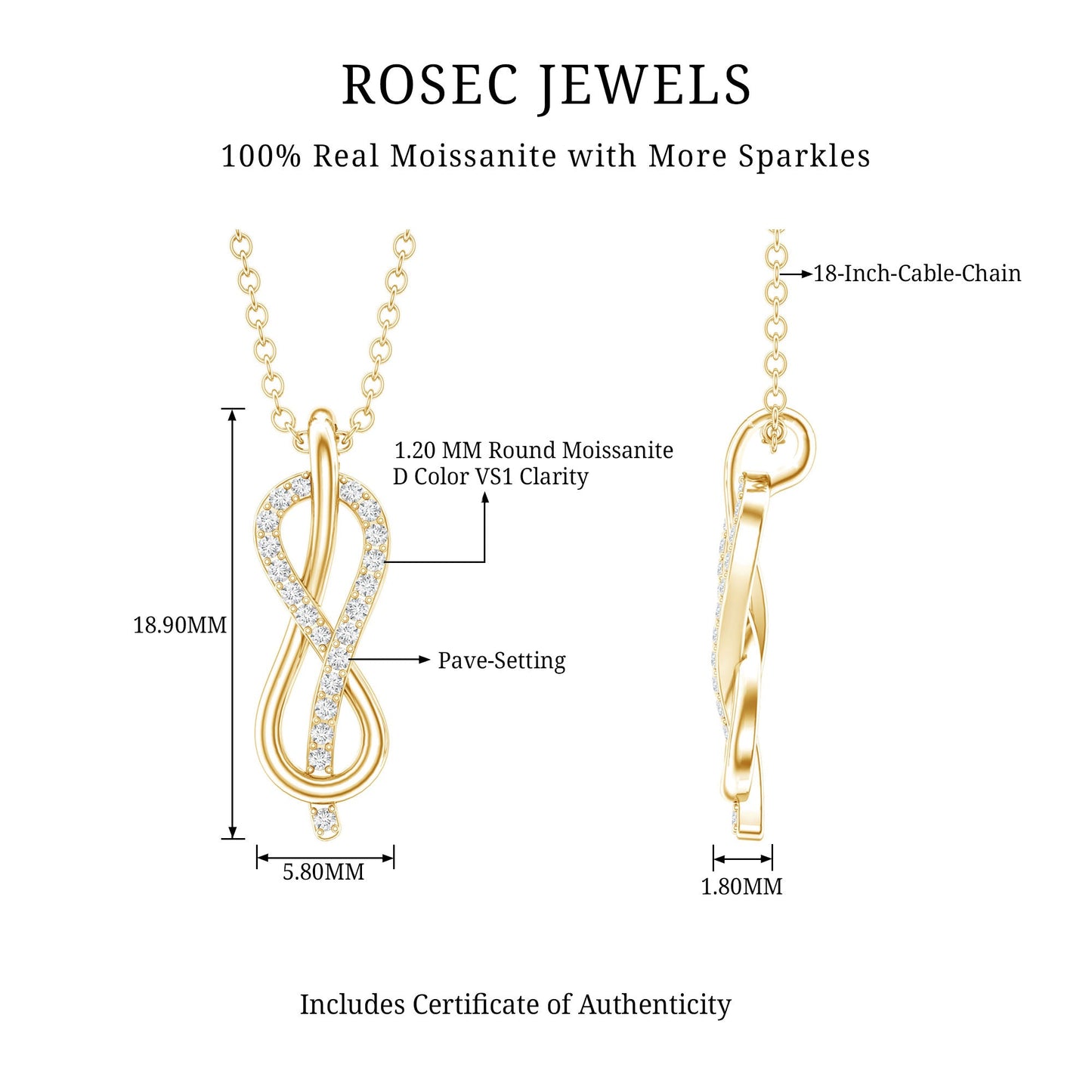 Minimal Moissanite Infinity Knot Pendant Necklace