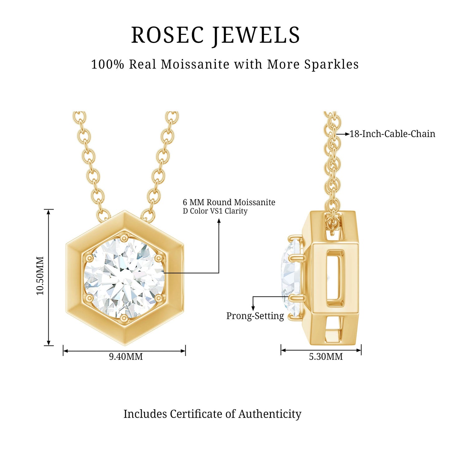 Certified Moissanite Solitaire Hexagonal Pendant