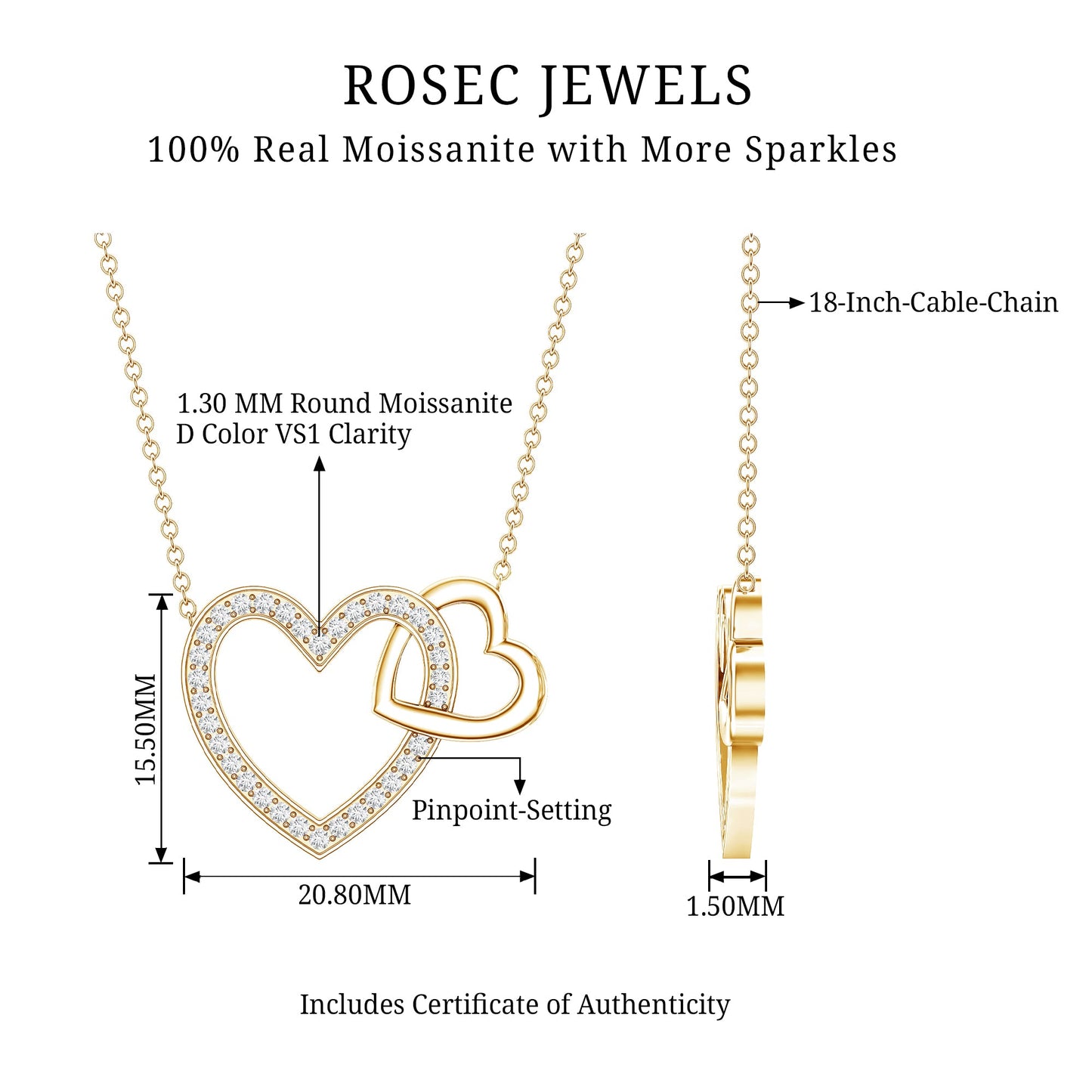Certified Moissanite Double Heart Necklace for Women