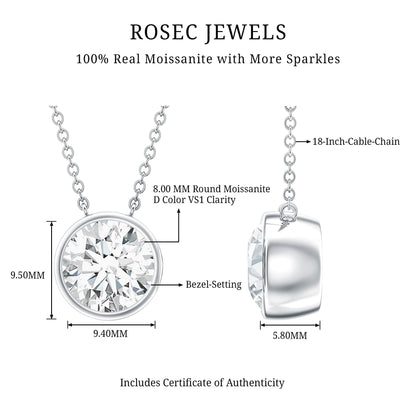 2 Carat Certified Moissanite Solitaire Necklace in Bezel Setting