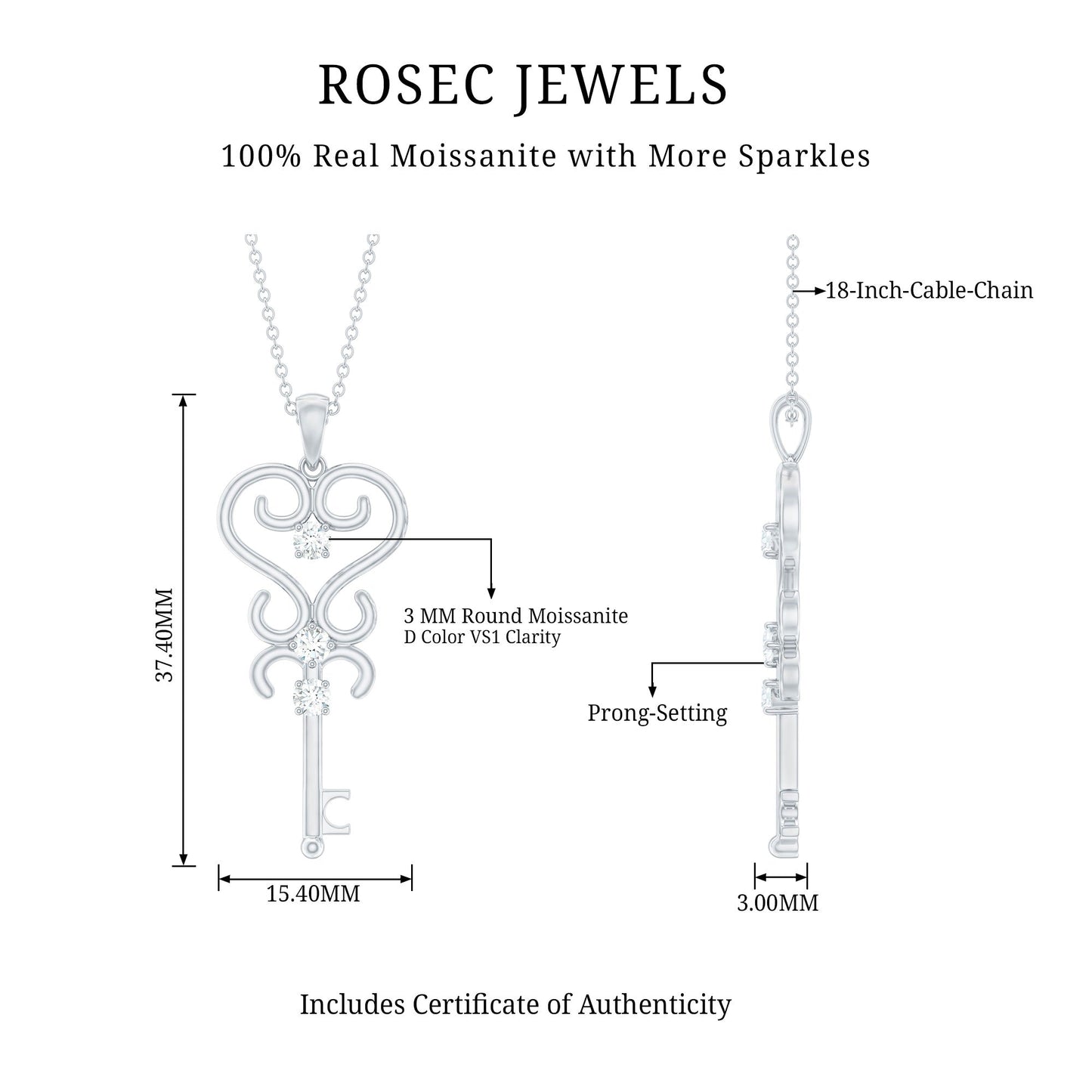 Vintage Looking Moissanite Key Pendant Necklace for Women