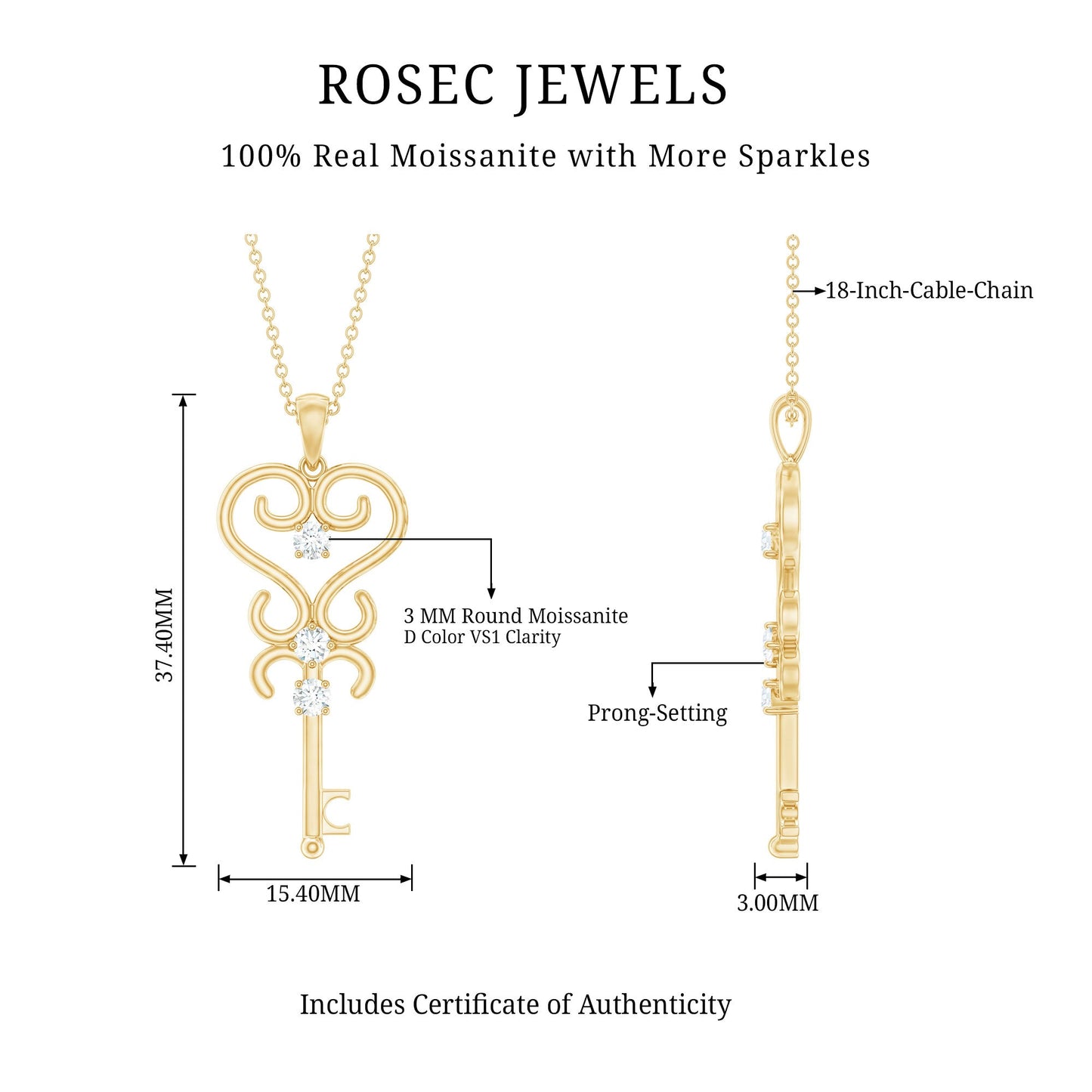 Vintage Looking Moissanite Key Pendant Necklace for Women