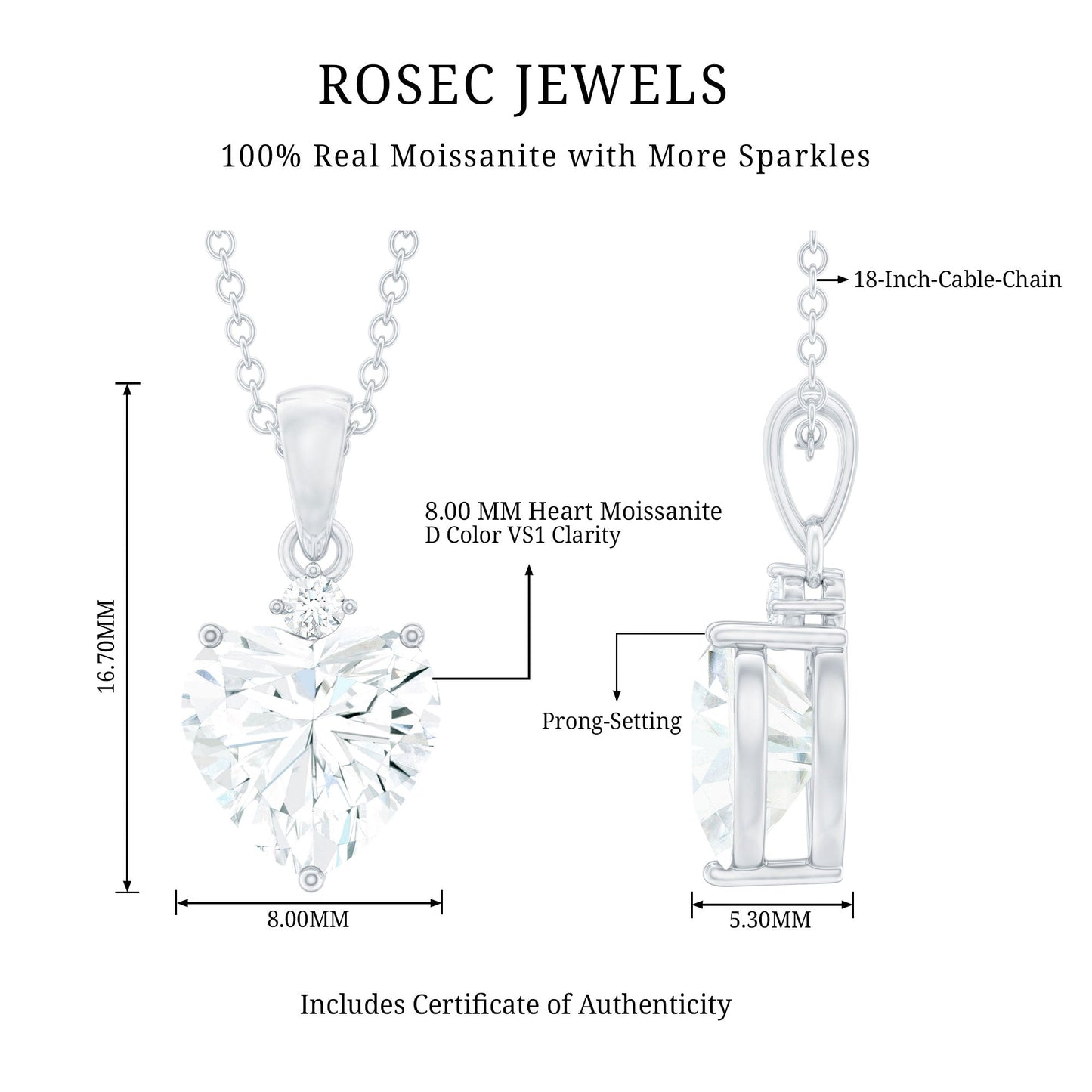 Certified 2 Carat Moissanite Heart Pendant for Women