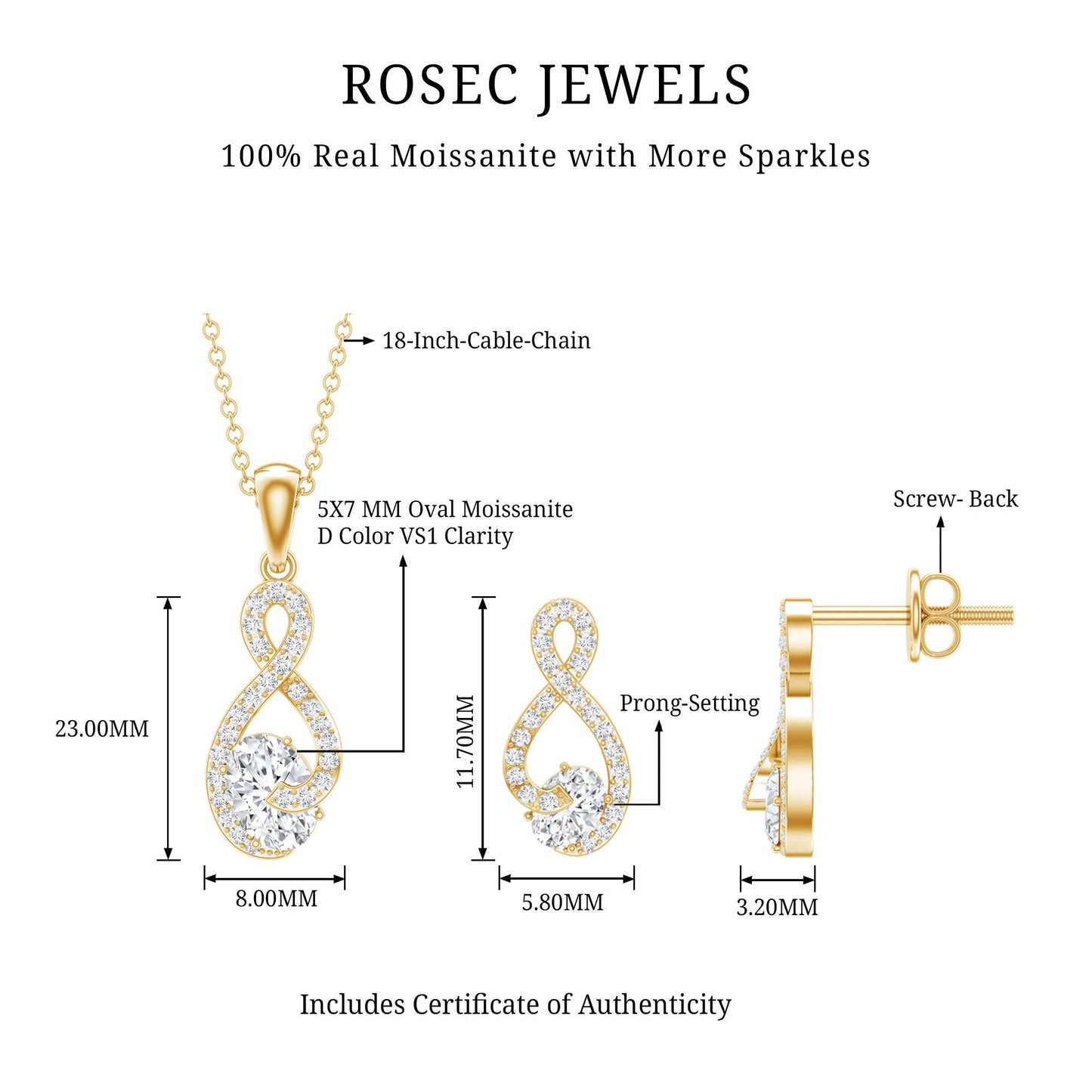 Certified 0.9 Carat Moissanite Infinity Necklace and Earring Set