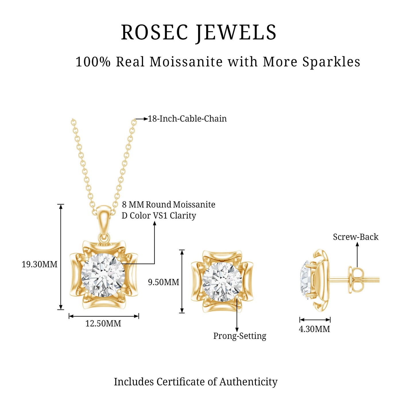 Round Shape Moissanite Solitaire Jewelry Set