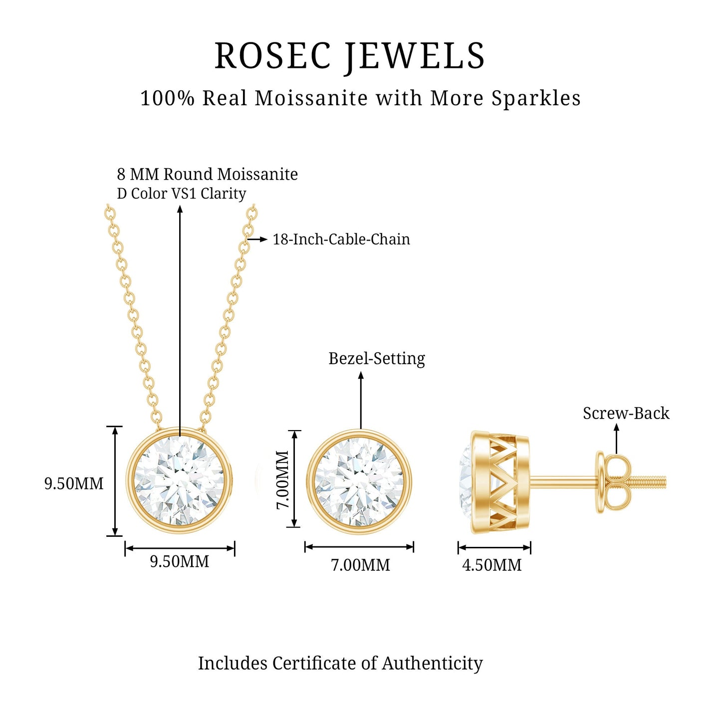 Simple Moissanite Solitaire Jewelry Set in Bezel Setting