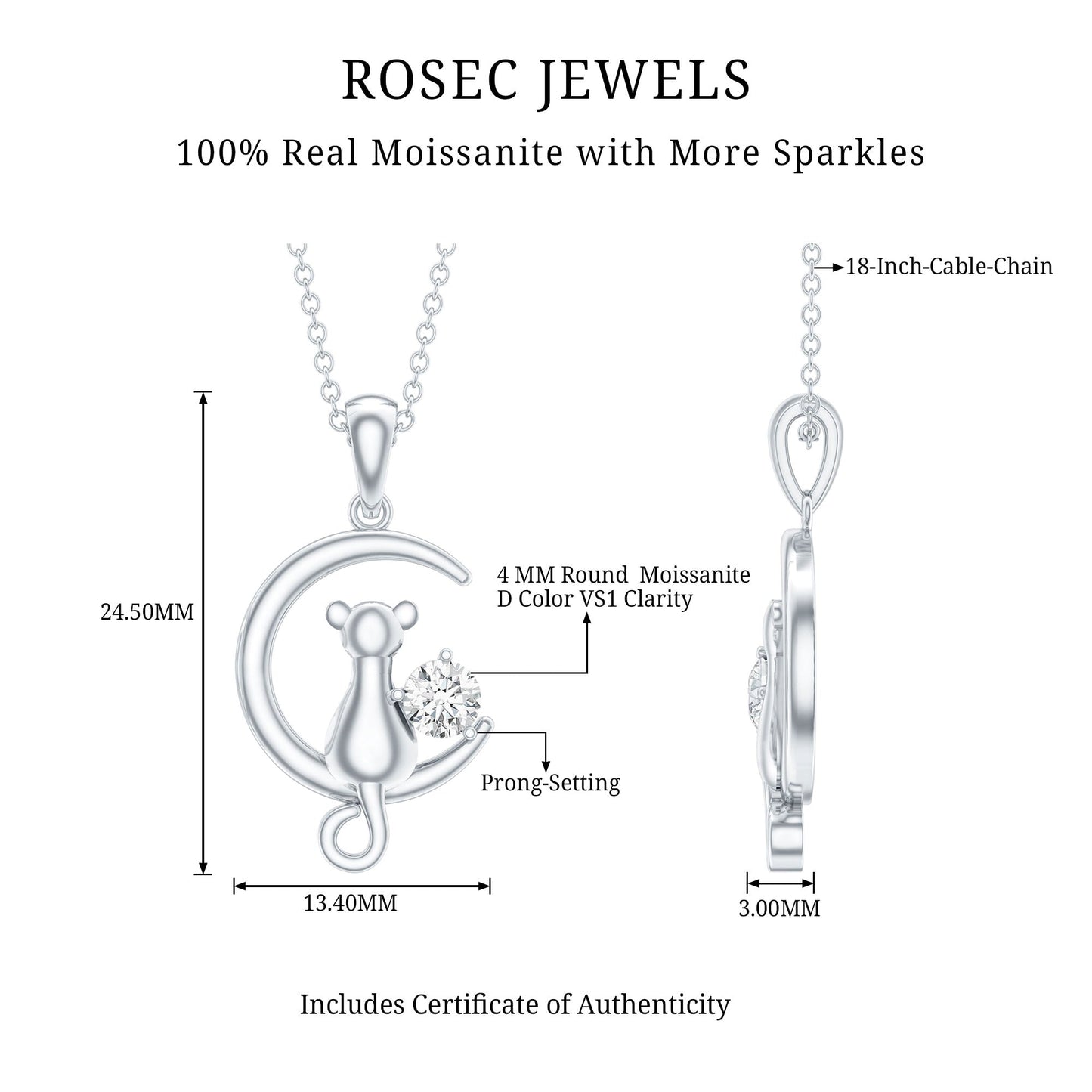 Certified Moissanite Cat and Moon Pendant