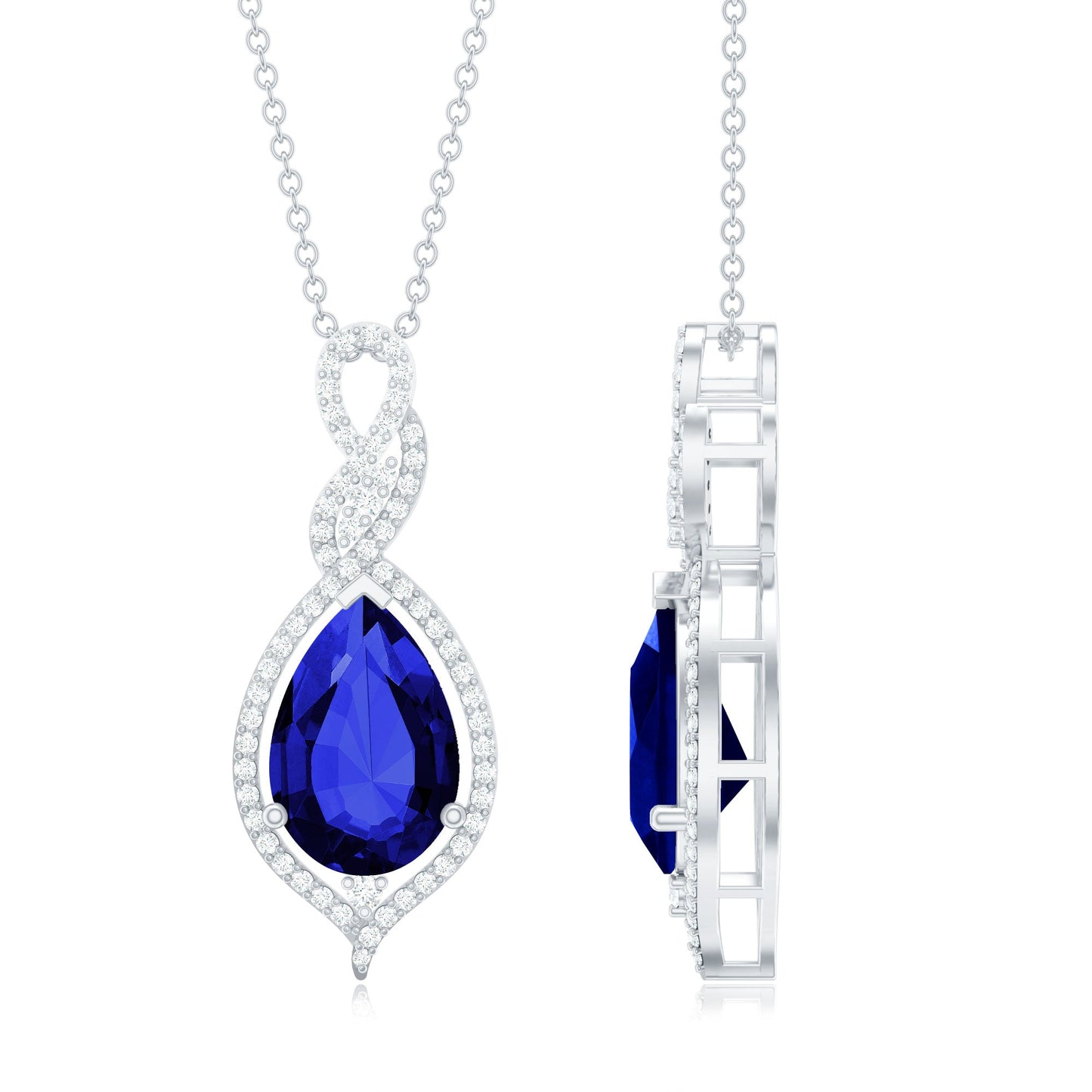 Certified 4 Carat Lab Created Blue Sapphire and Diamond Teardrop Pendant