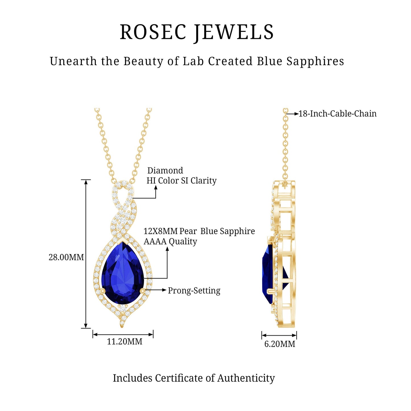 Certified 4 Carat Lab Created Blue Sapphire and Diamond Teardrop Pendant