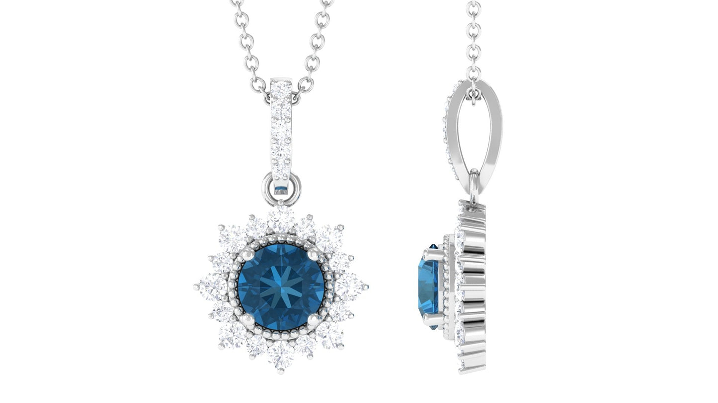 Natural 0.6 Carat London Blue Topaz Pendant Necklace with Diamond Halo