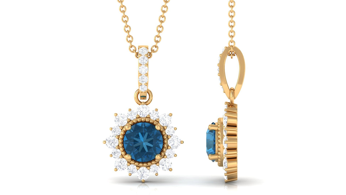 Natural 0.6 Carat London Blue Topaz Pendant Necklace with Diamond Halo