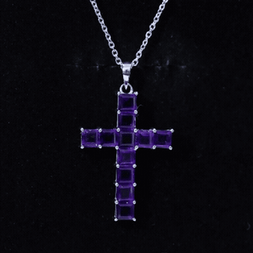 Princess Cut Amethyst Cross Pendant Necklace with Silver Chain