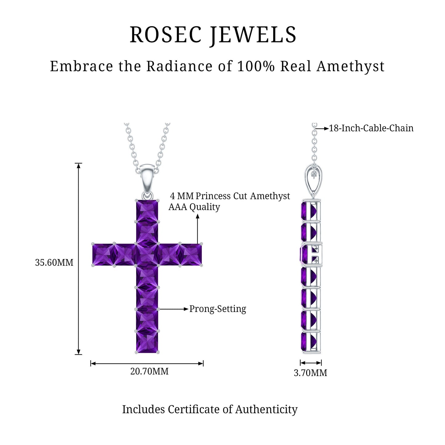 Princess Cut Amethyst Cross Pendant Necklace with Silver Chain
