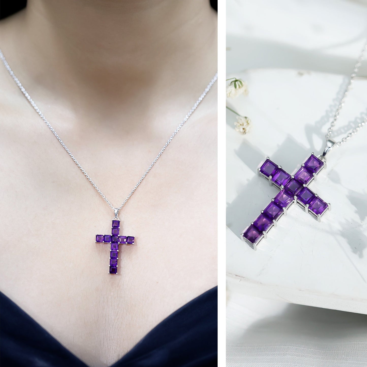 Princess Cut Amethyst Cross Pendant Necklace with Silver Chain