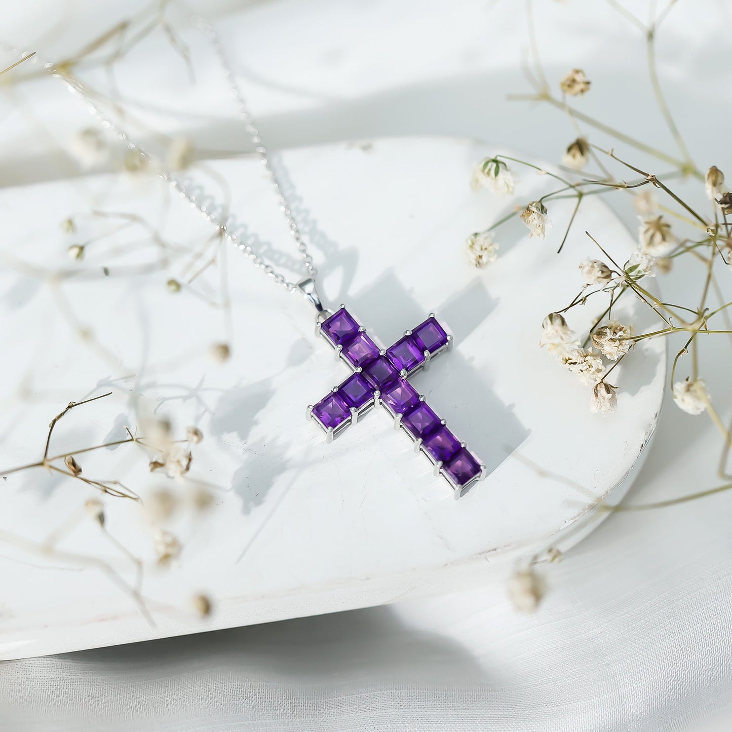 Princess Cut Amethyst Cross Pendant Necklace with Silver Chain