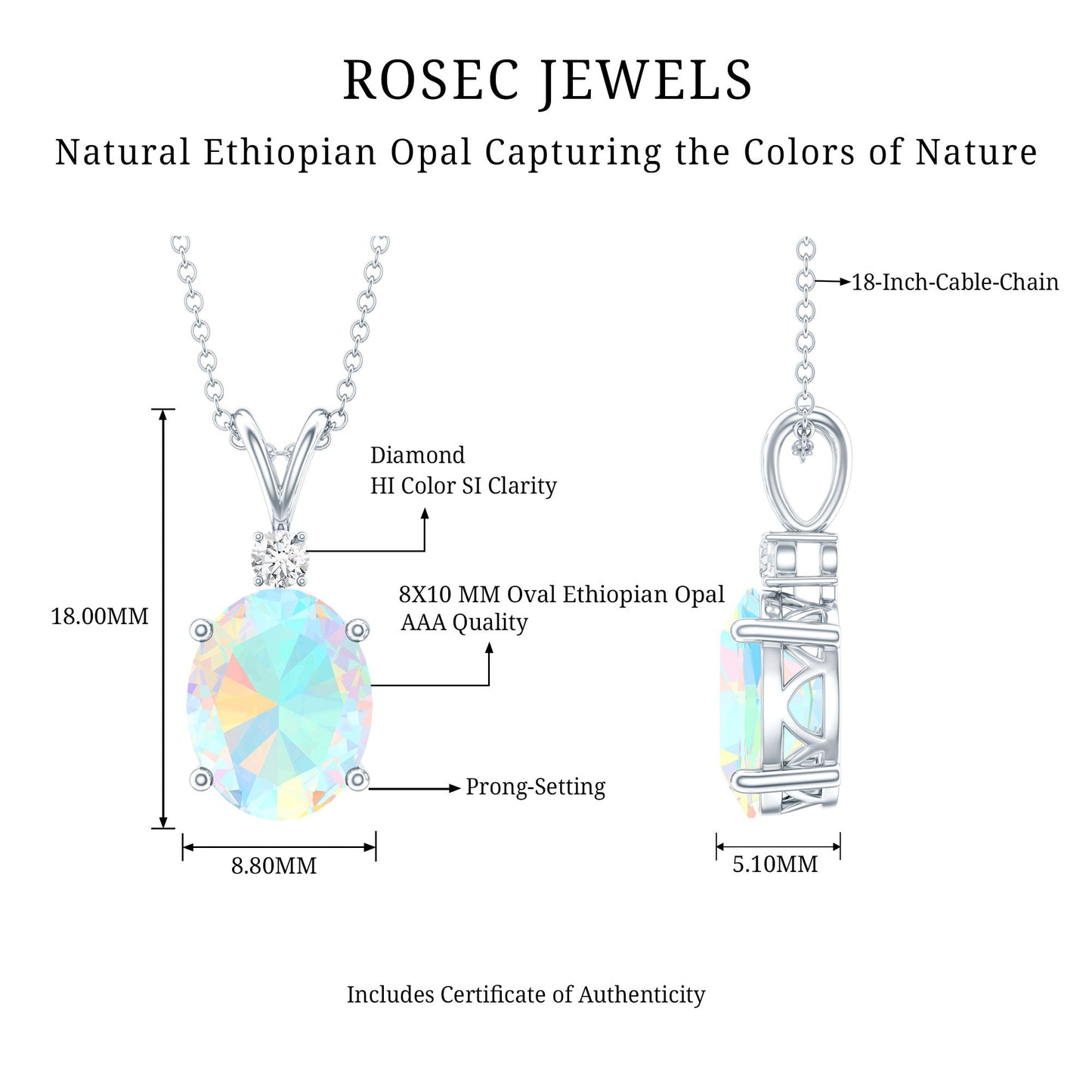 Genuine 1.3 Carat Opalescent Pendant Necklace with Diamond