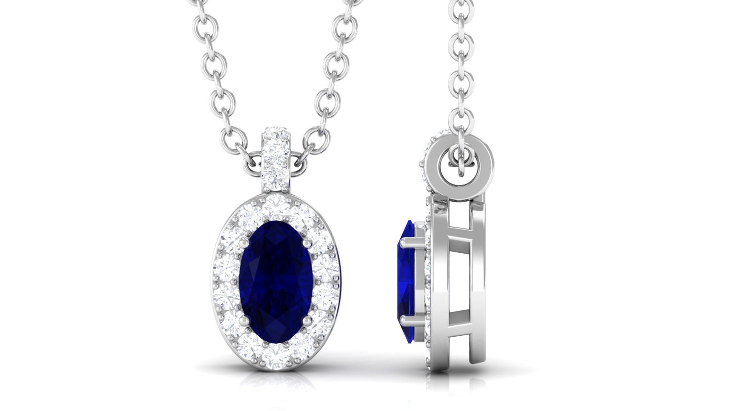 Natural 0.6 Carat Oval Blue Sapphire Pendant Necklace with Diamond Halo