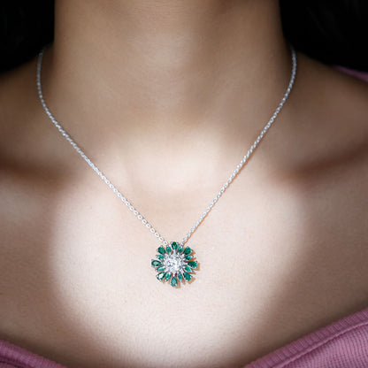 Certified 1.3 Carat Moissanite Statement Flower Necklace With Lab Emerald
