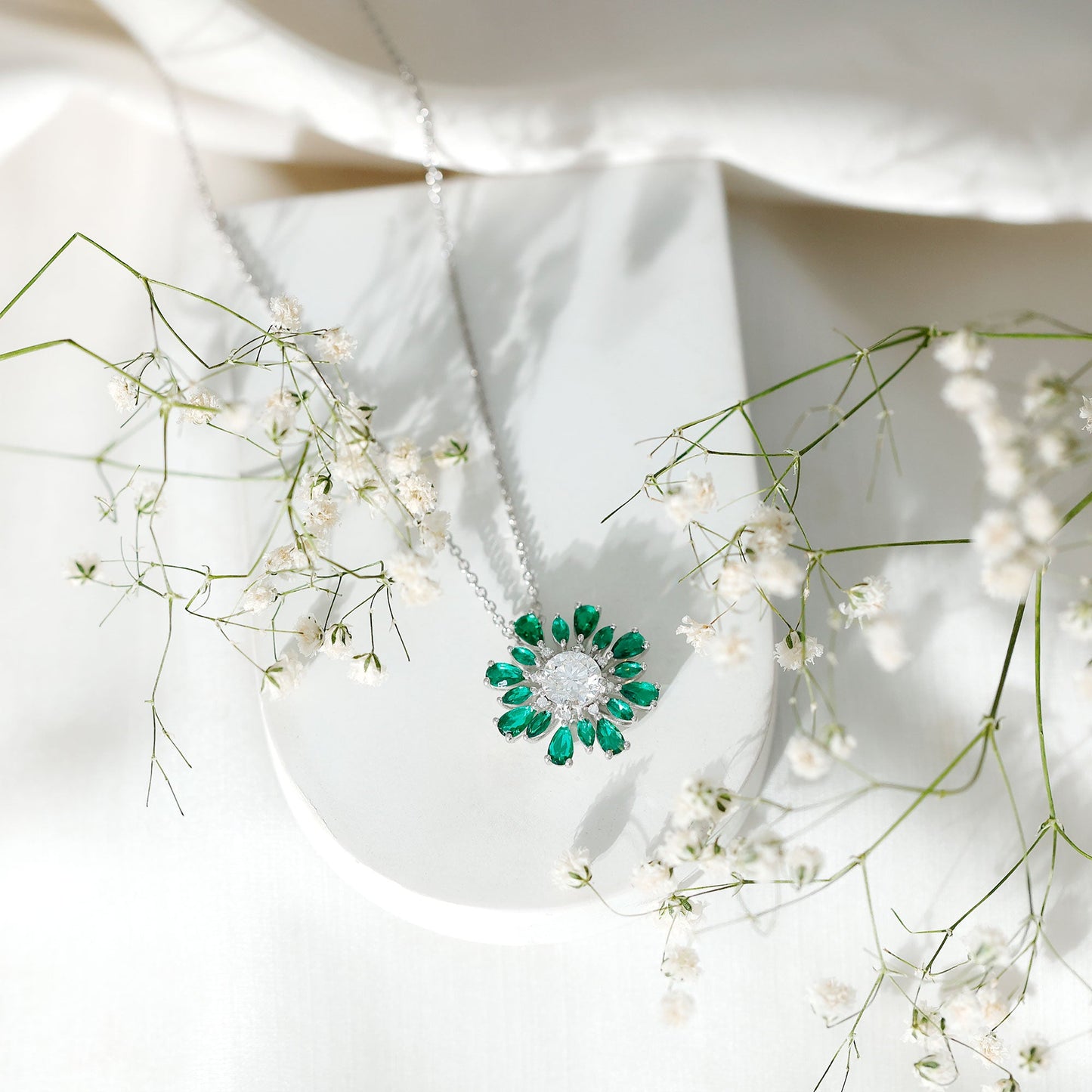 Certified Moissanite Flower Designer Necklace With Lab Emerald