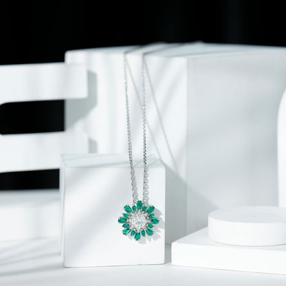 Certified 1.3 Carat Moissanite Statement Flower Necklace With Lab Emerald