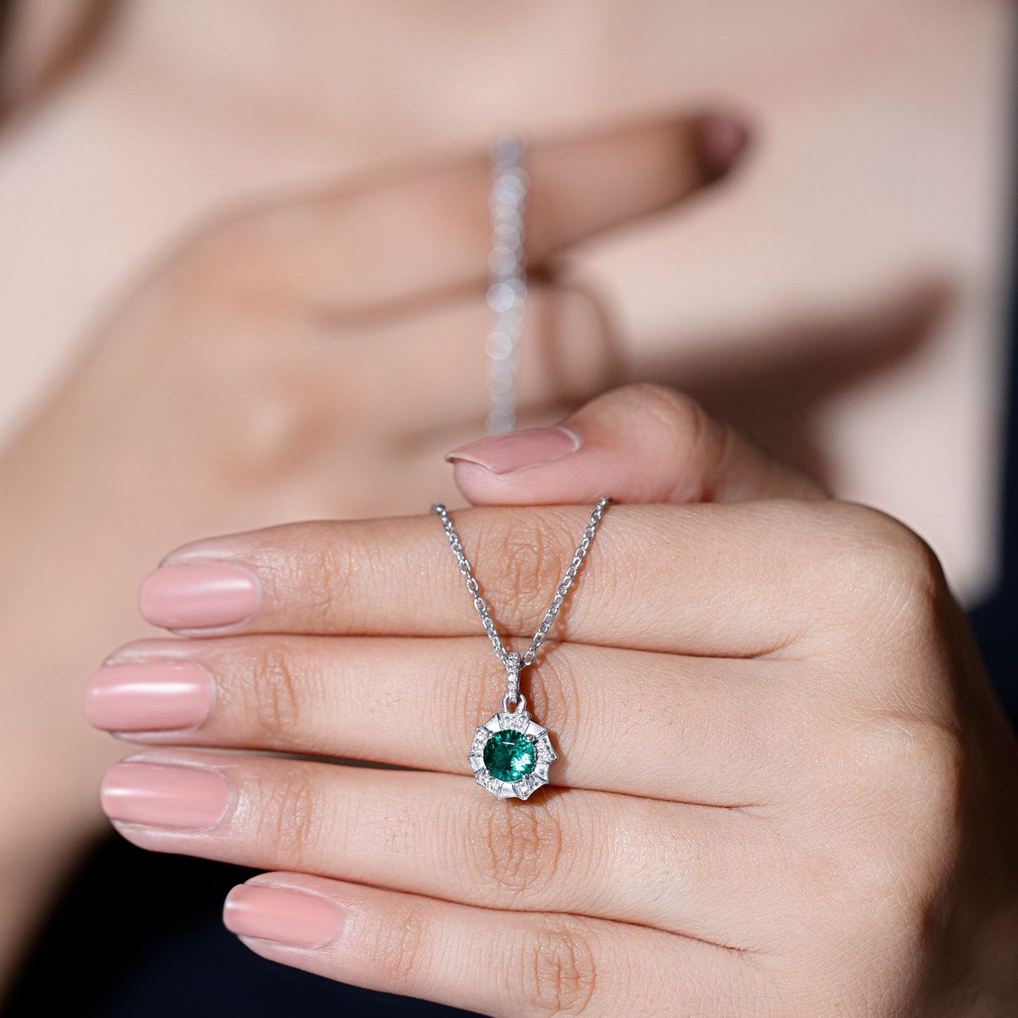 Lab Grown Emerald Moissanite Vintage Inspired Necklace with Chain