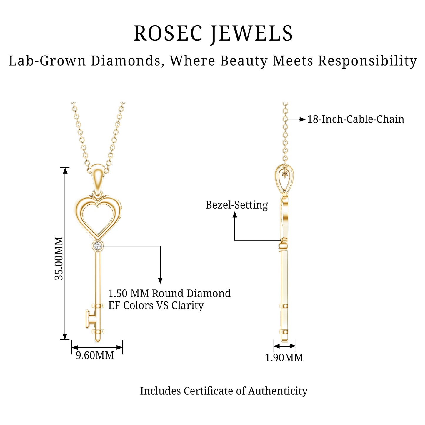 Diamond Heart Key Pendant Necklace For Women