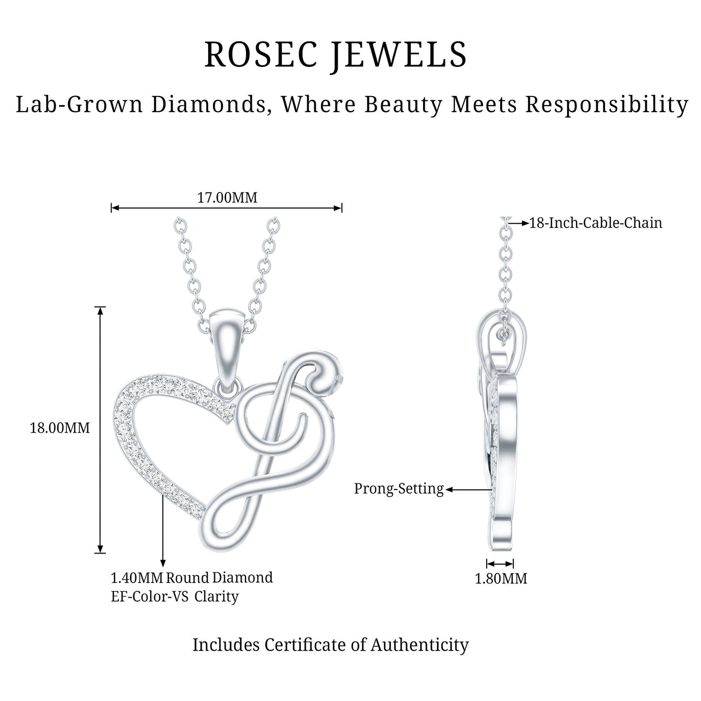 Diamond Heart and Music Note Necklace