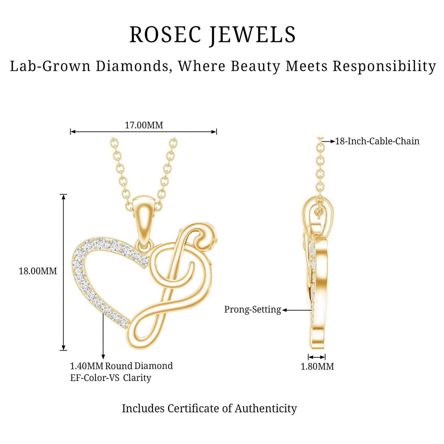 Diamond Heart and Music Note Necklace