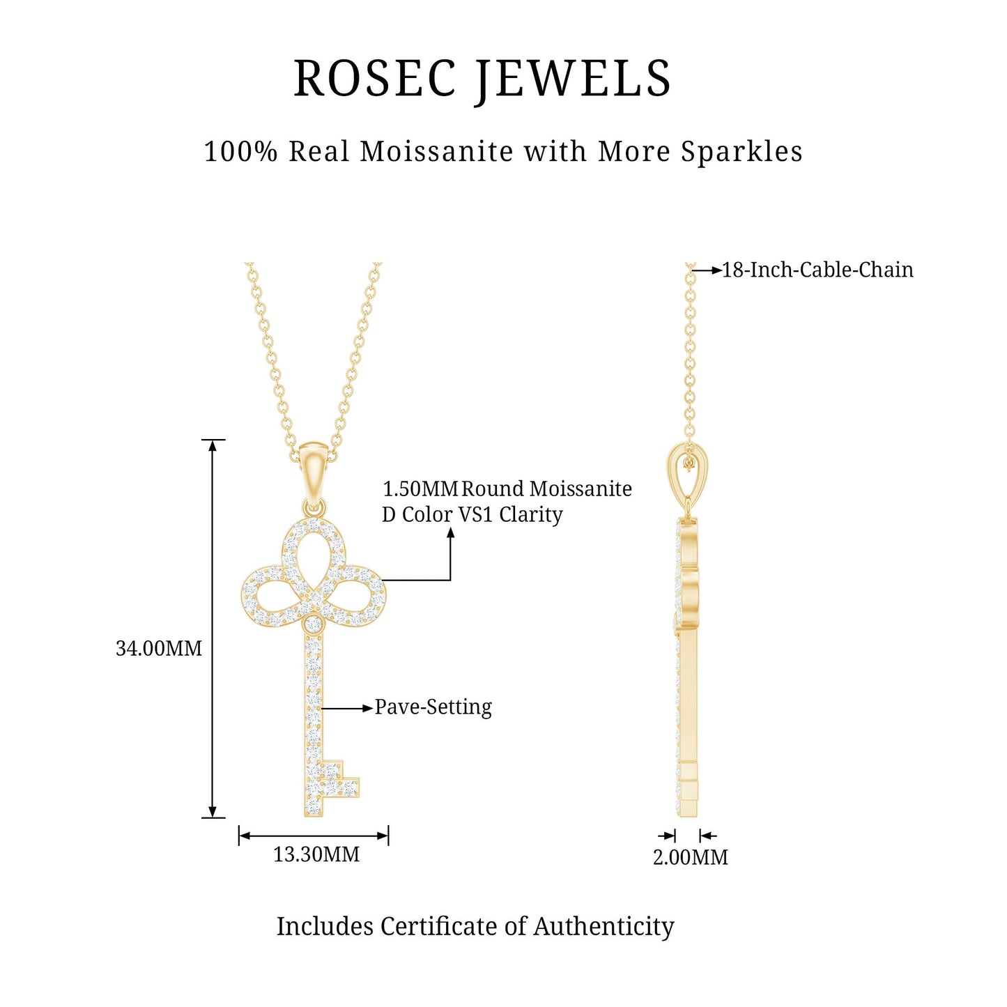 Certified Moissanite Key Pendant Necklace for her