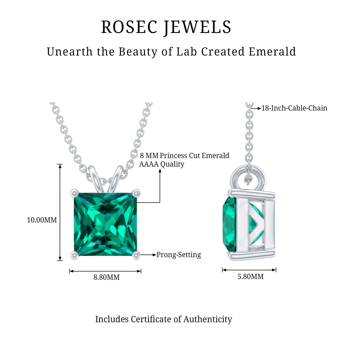 Certified Square Cut Lab Grown Emerald Solitaire Necklace With Chain