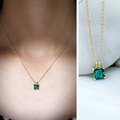 Certified Square Cut Lab Grown Emerald Solitaire Necklace With Chain