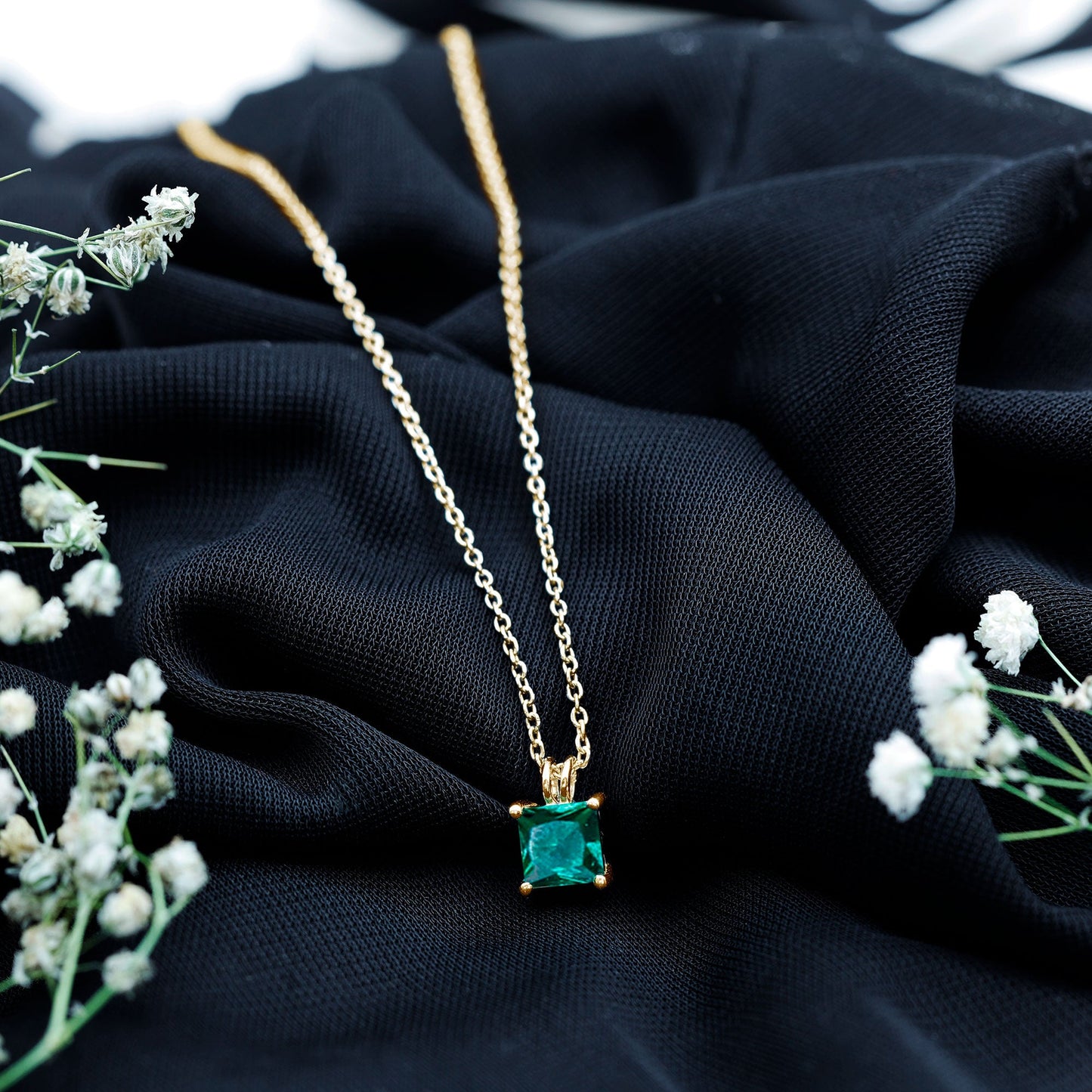 Certified Square Cut Lab Grown Emerald Solitaire Necklace With Chain