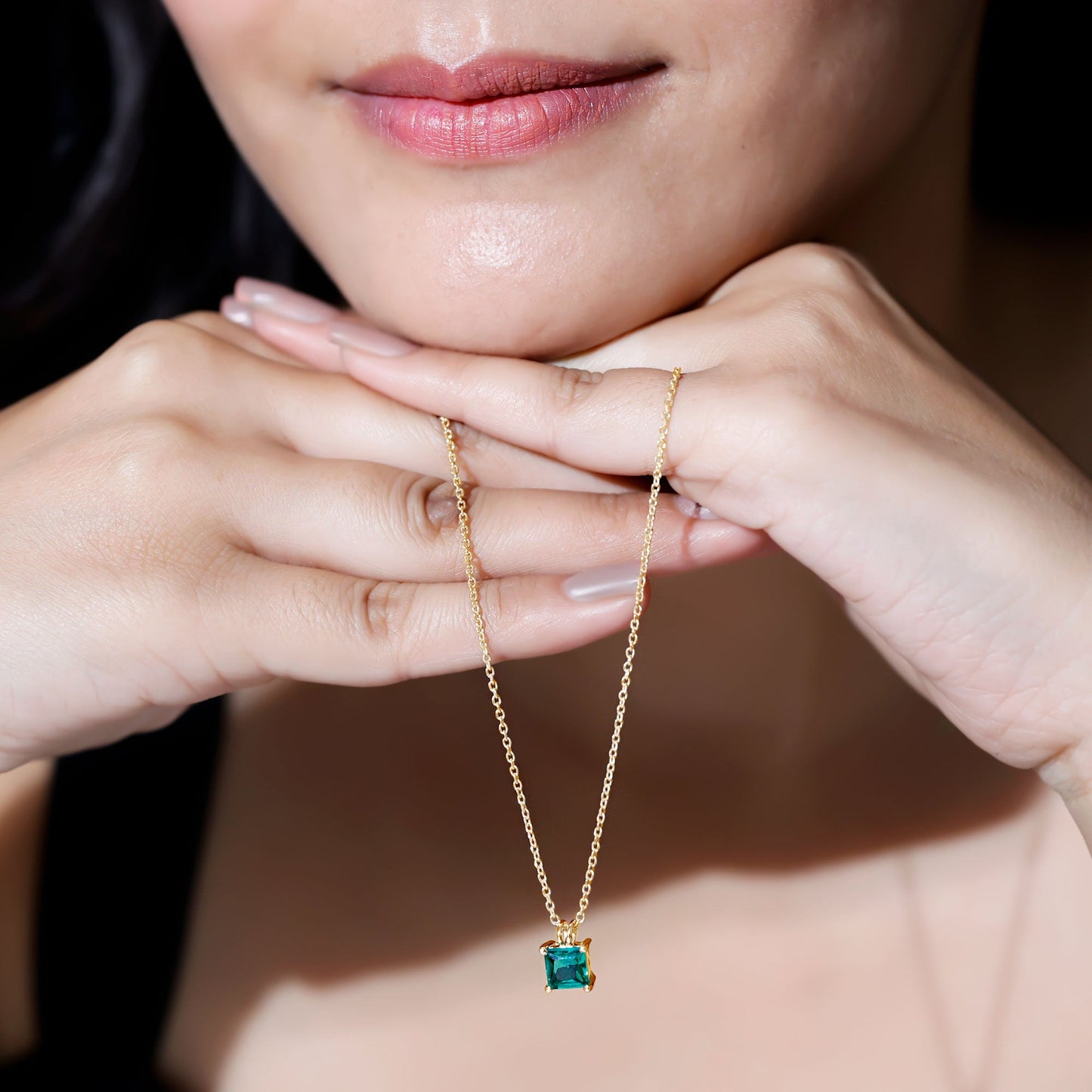 Certified Square Cut Lab Grown Emerald Solitaire Necklace With Chain