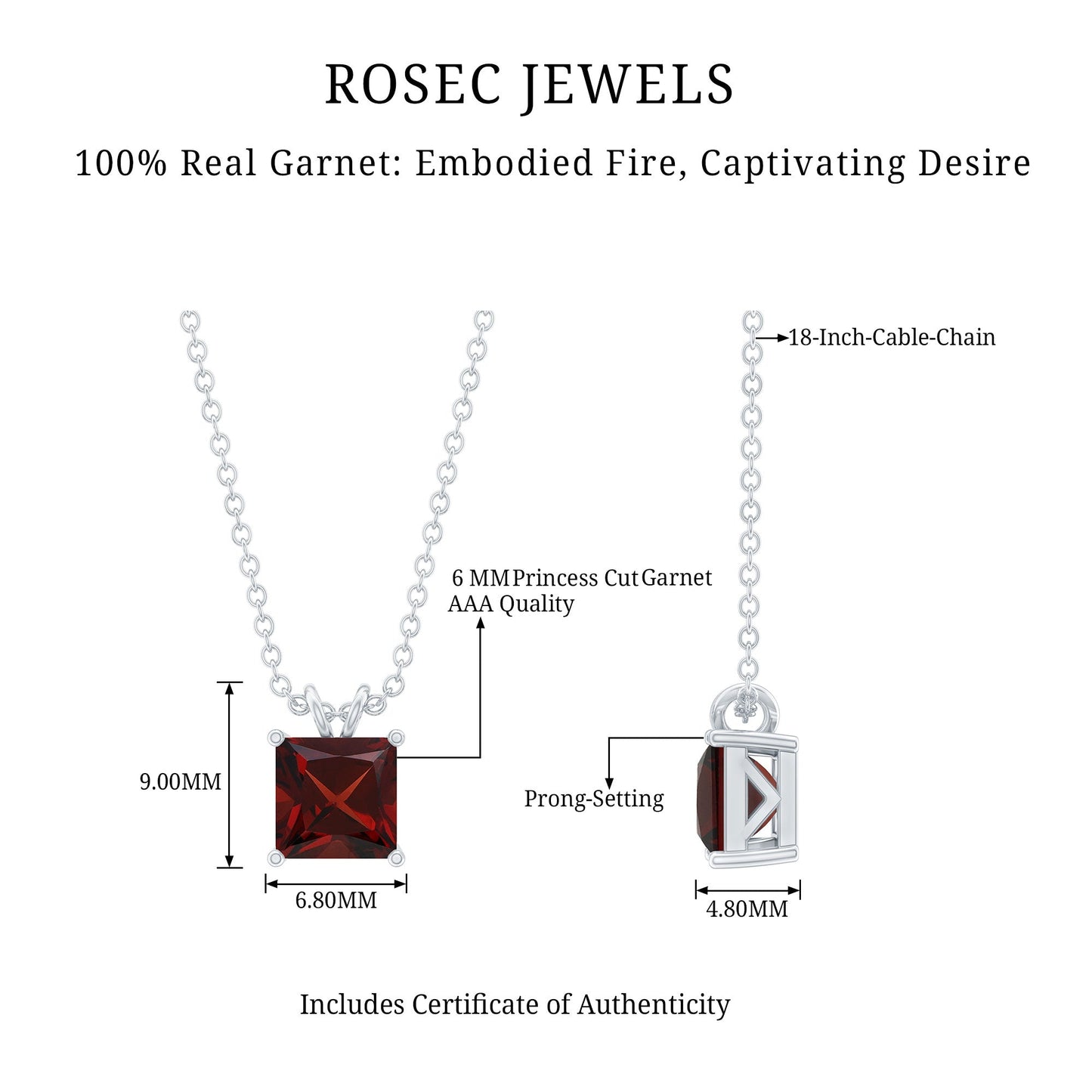 Solitaire 1.4 Carat Garnet Princess Cut Pendant Necklace with Chain