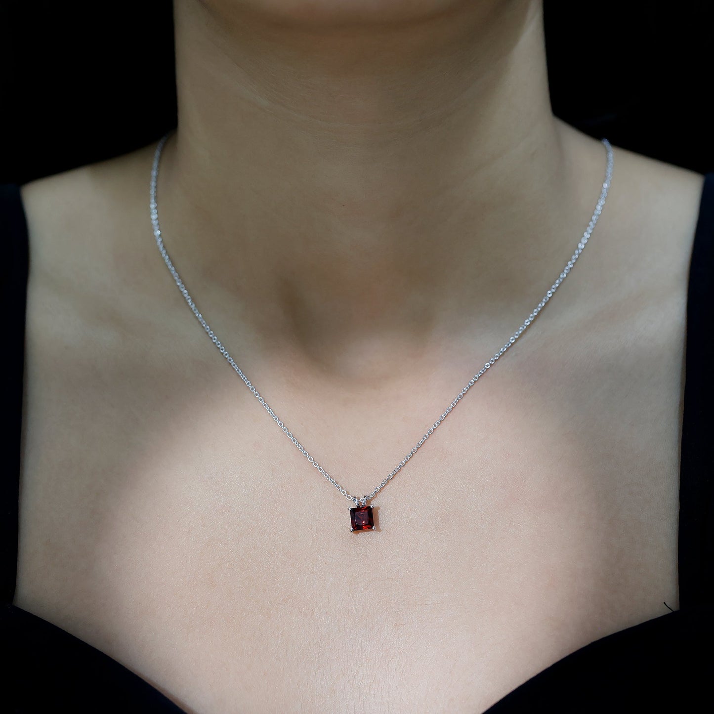 Genuine Princess Cut Garnet Solitaire Locket With Chain