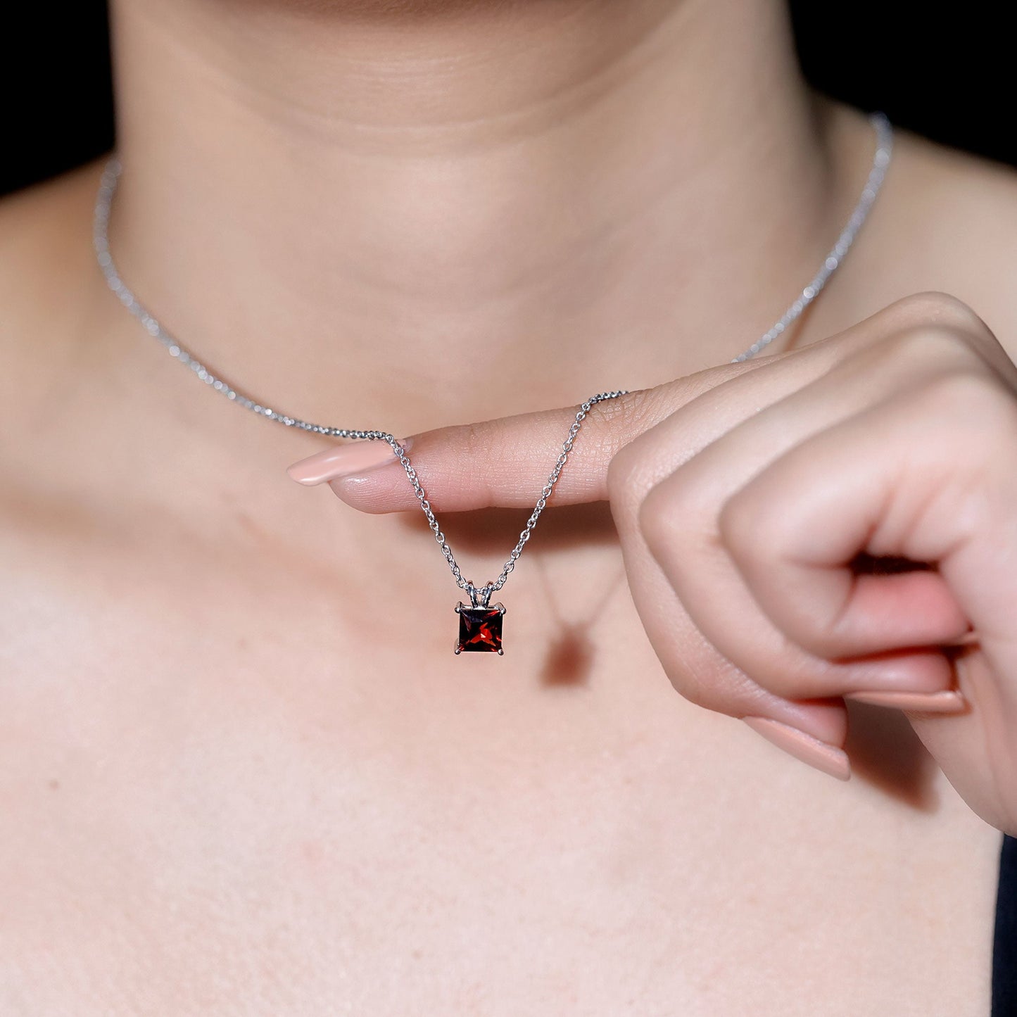 Solitaire 1.4 Carat Garnet Princess Cut Pendant Necklace with Chain