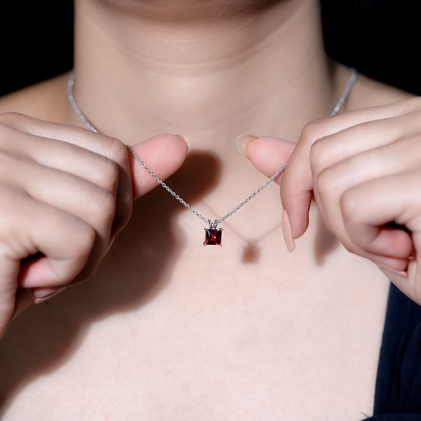 Solitaire 1.4 Carat Garnet Princess Cut Pendant Necklace with Chain