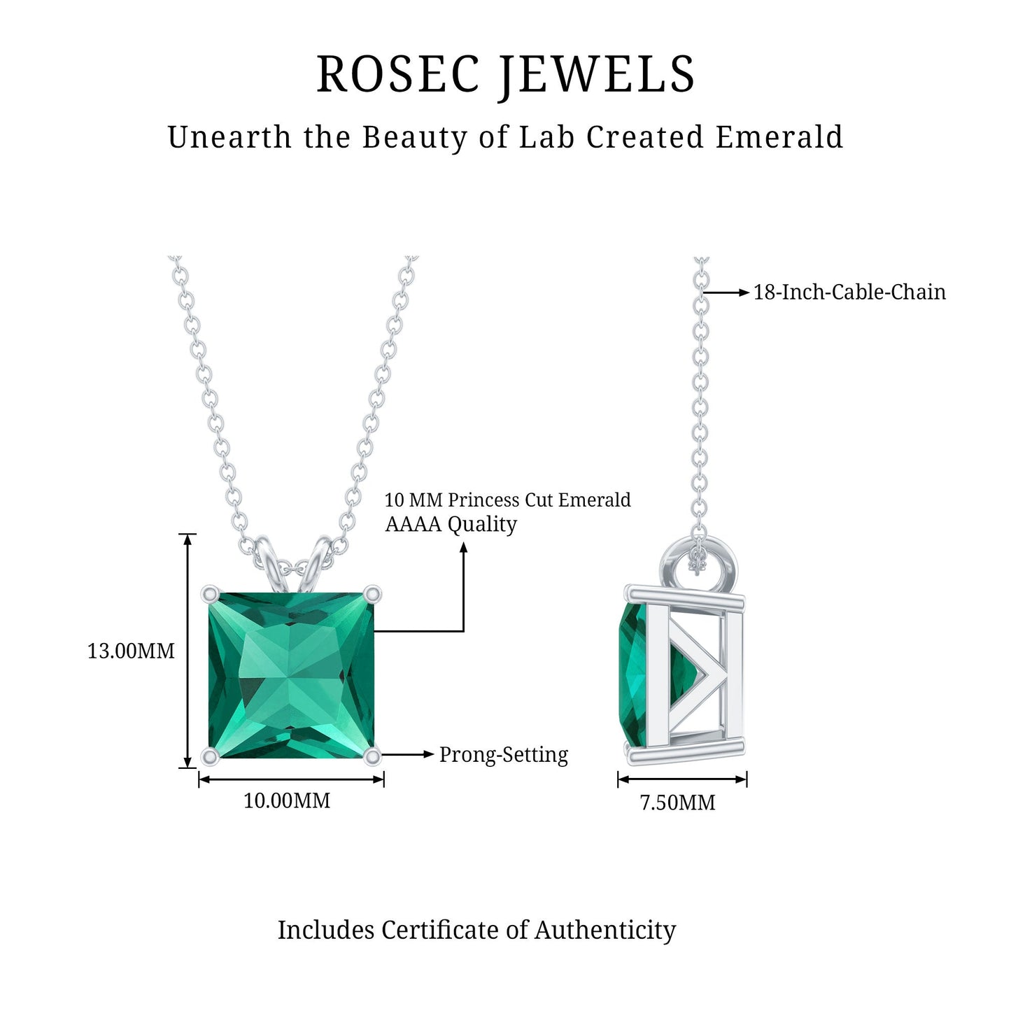 Princess Cut Lab Created Emerald Solitaire Necklace With Chain