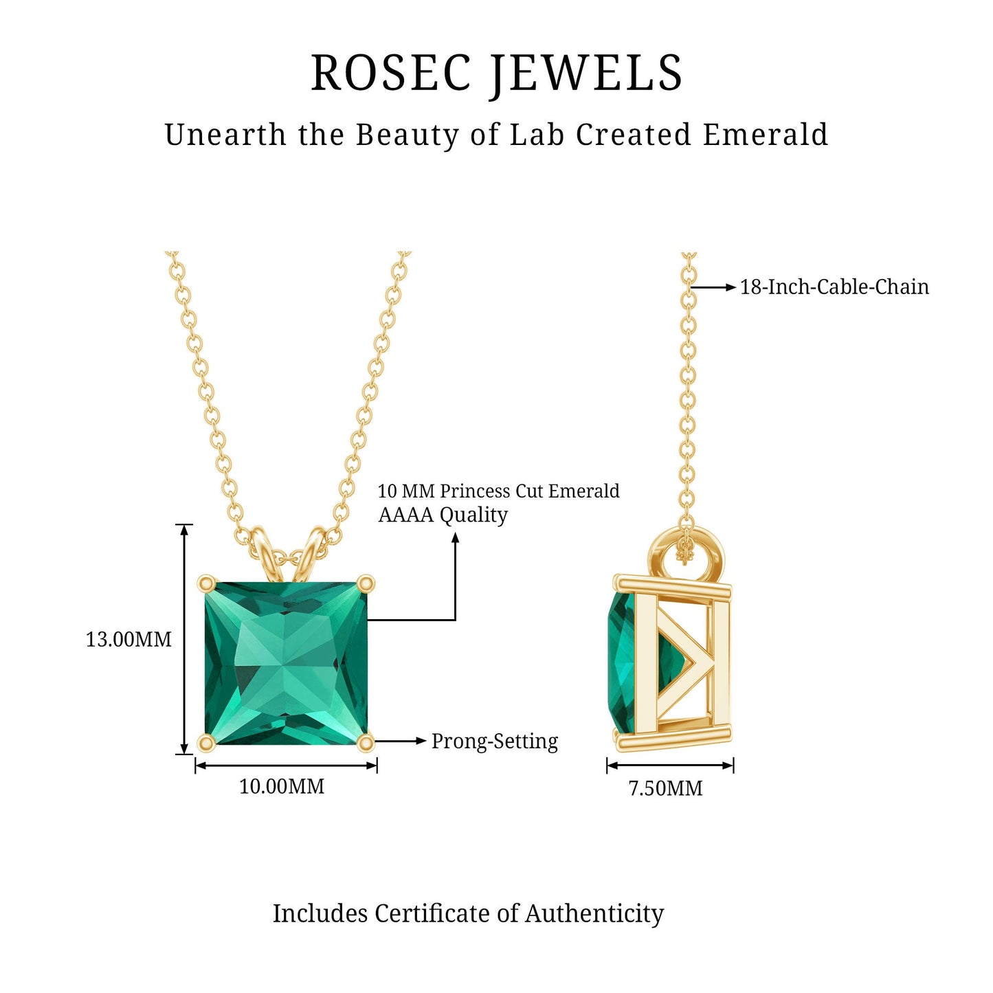 Princess Cut Lab Created Emerald Solitaire Necklace With Chain