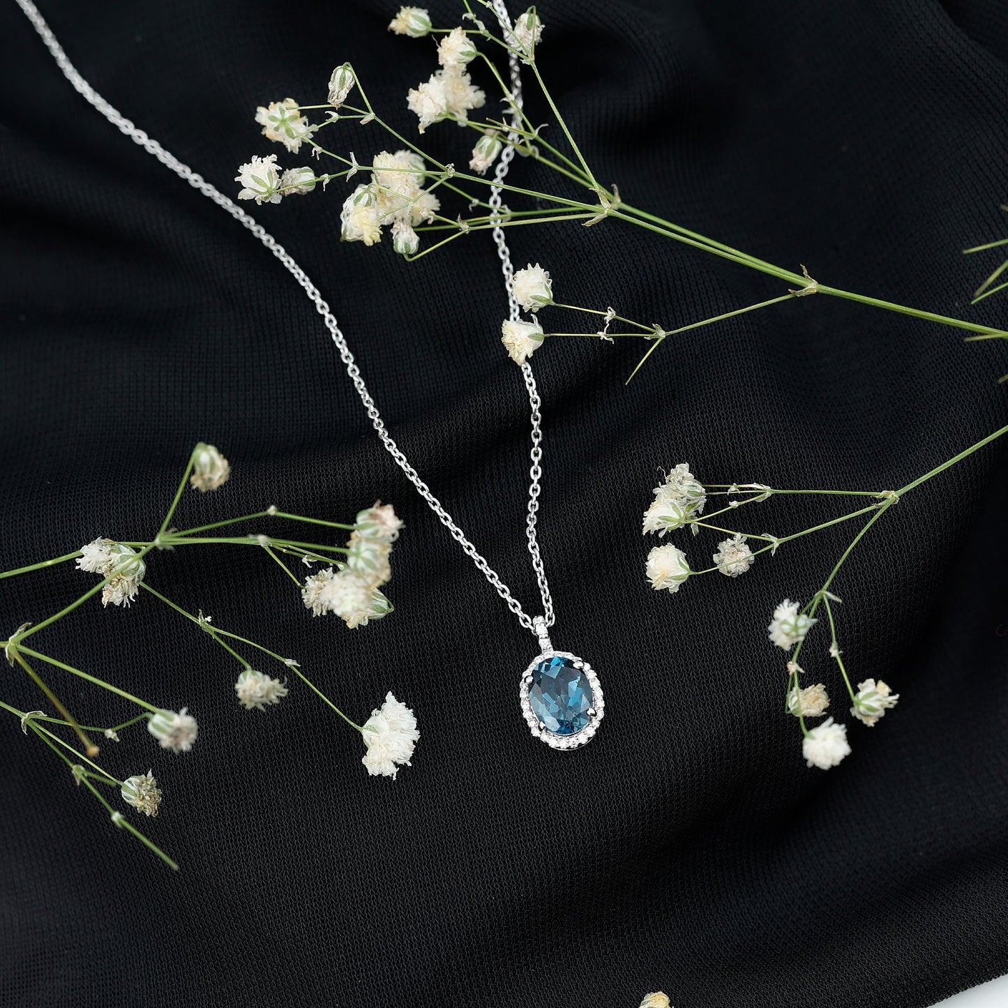 Genuine London Blue Topaz and Diamond Classic Necklace With Chain