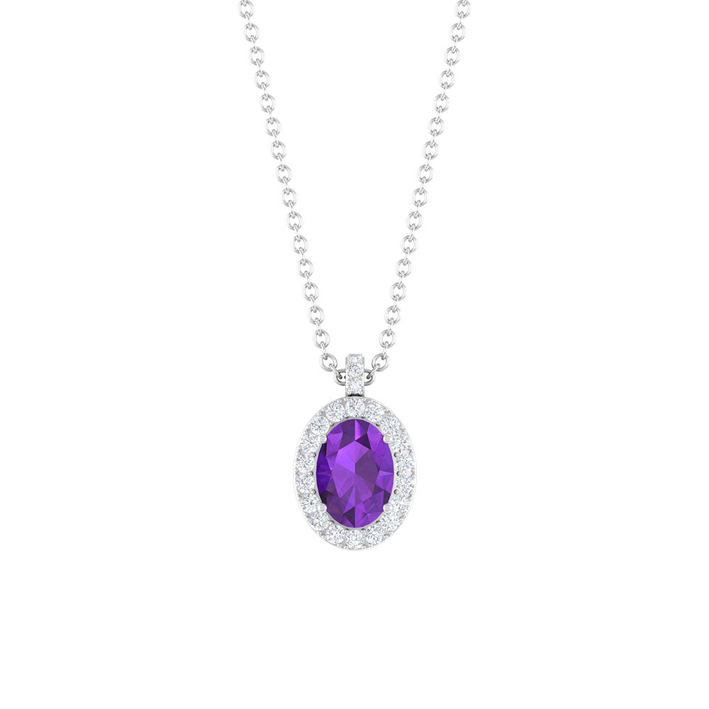 Natural 1 Carat Oval Amethyst Necklace with Diamond Halo