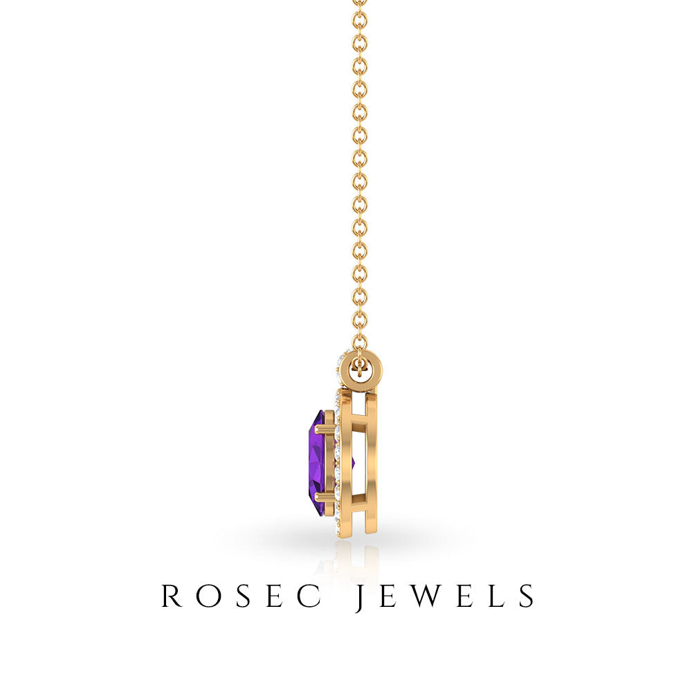 Natural 1 Carat Oval Amethyst Necklace with Diamond Halo