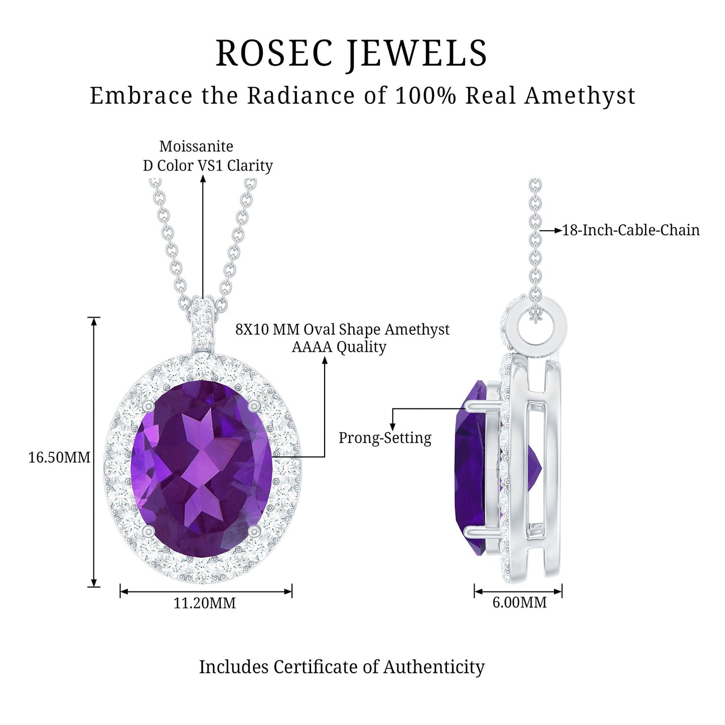Certified 2.5 Carat Amethyst Oval Necklace with Moissanite Halo
