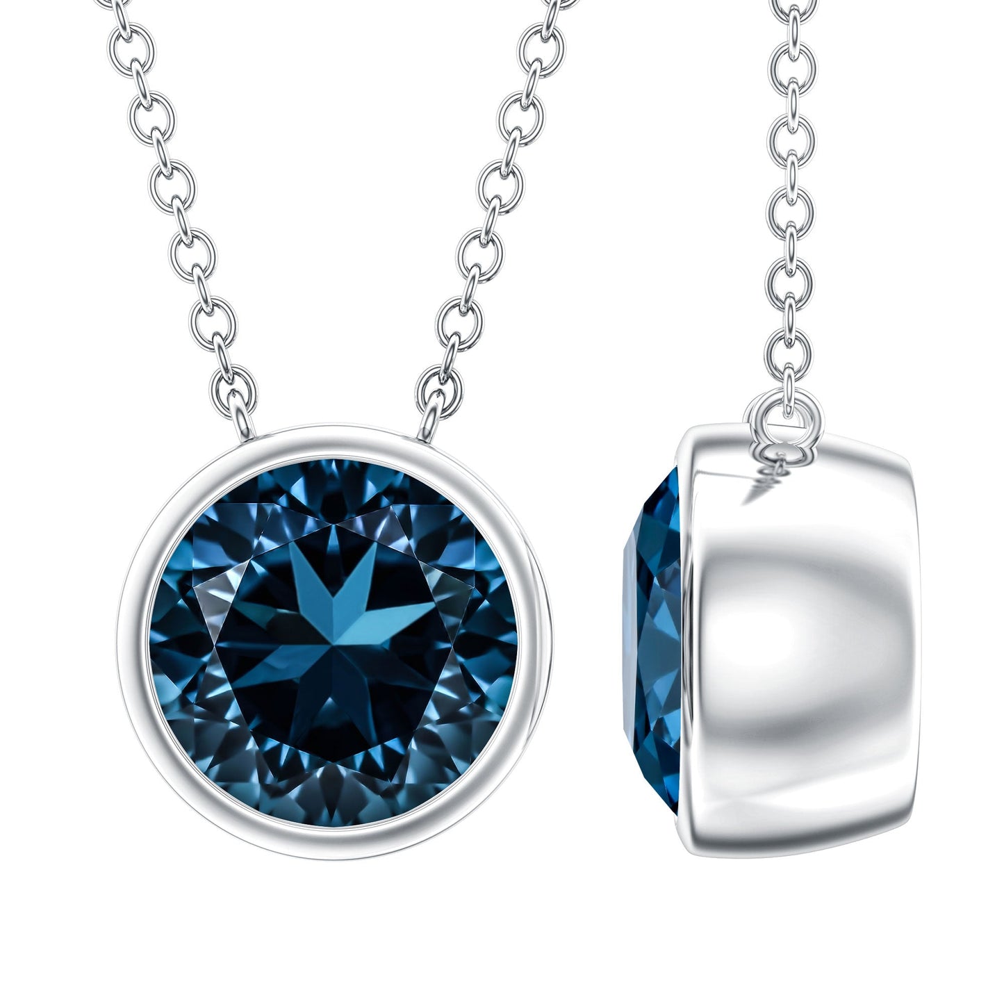 2 Carat Solitaire London Blue Topaz Chain Necklace in Bezel Setting