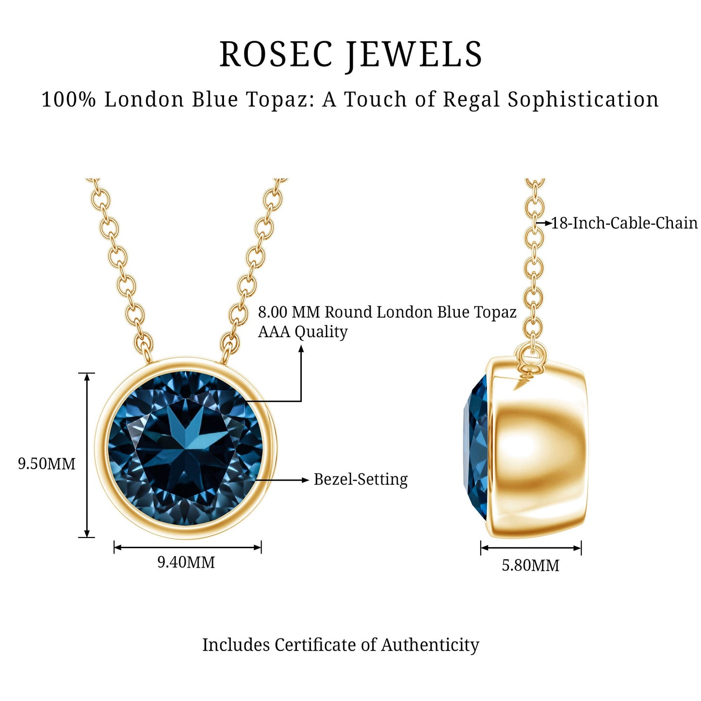 2 Carat Solitaire London Blue Topaz Chain Necklace in Bezel Setting
